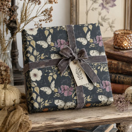 Vintage gotisk fjäril & mörka blommor grå & elfenb presentpapper