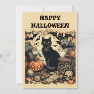 Vintage gotisk Halloween svart katt barn Julkort