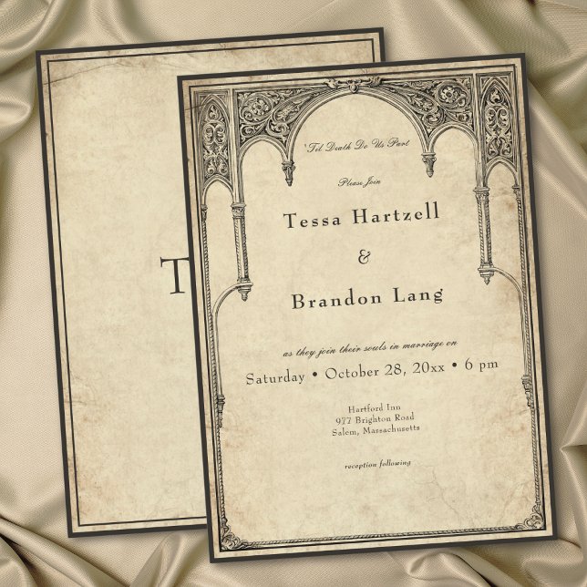 Vintage gotisk medeltida valv Pergamentvigsel Inbjudningar (Vintage Gothic Medieval Arch Parchment Wedding Invitation)