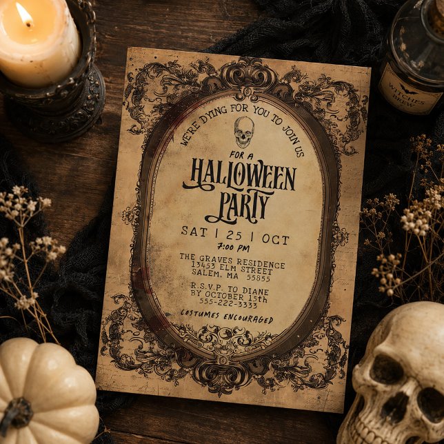 Vintage gotisk ram Skalle Halloween-fest Inbjudningar (Vintage Gothic Frame Skull Halloween Party Invitation)