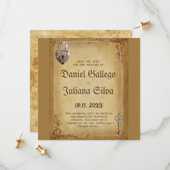 Vintage gotisk skelettnyckelbröllop spara datumet (Fram/Back In Situ)