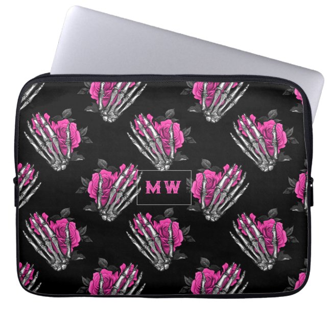 Vintage gotiska rosa rosor skelettmonogram laptop fodral (Framsidan)