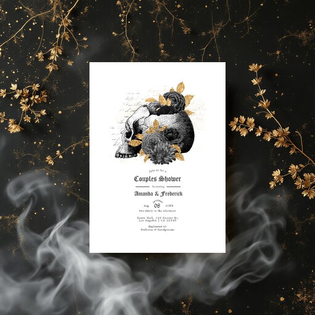 Vintage gotiska skalle och blommande par dusch inbjudningar (Vintage Gothic Skull and Floral Couples Shower Invitation)
