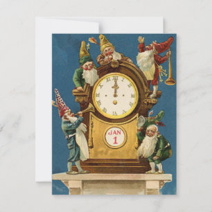 Vintage Gott Nytt År Tomtar På Klocka Julkort