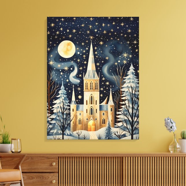 Vintage Gouache Styled Winter Church 32x24 Canvastryck (Insitu (Vardagsrum))