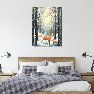 Vintage Gouache Styled Winter Hjort 32x24 Canvastryck
