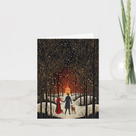 Vintage Gouache Winter Couple och Church Blank Anteckningskort