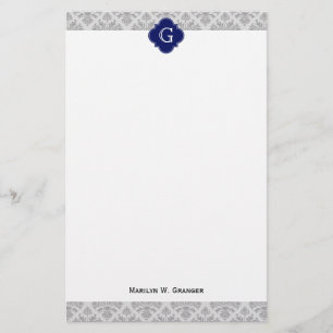 Vintage Grå på Grå Damask #3 Monogramm Brevpapper