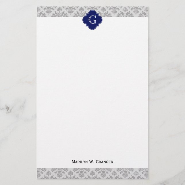 Vintage Grå på Grå Damask #3 Monogramm Brevpapper (Framsida)