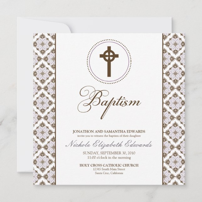 Vintage Grace Baptism Inbjudan (choklad/lilac) (Framsida)