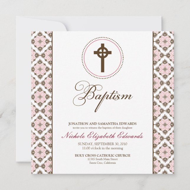 Vintage Grace Baptism Inbjudan (choklad/rosa) (Framsida)