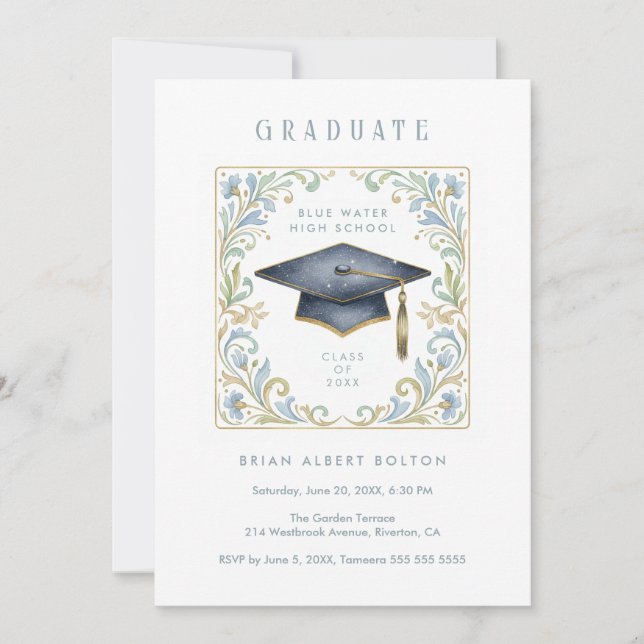 Vintage Graduate Cap with Floral Frame Inbjudningar (Framsida)