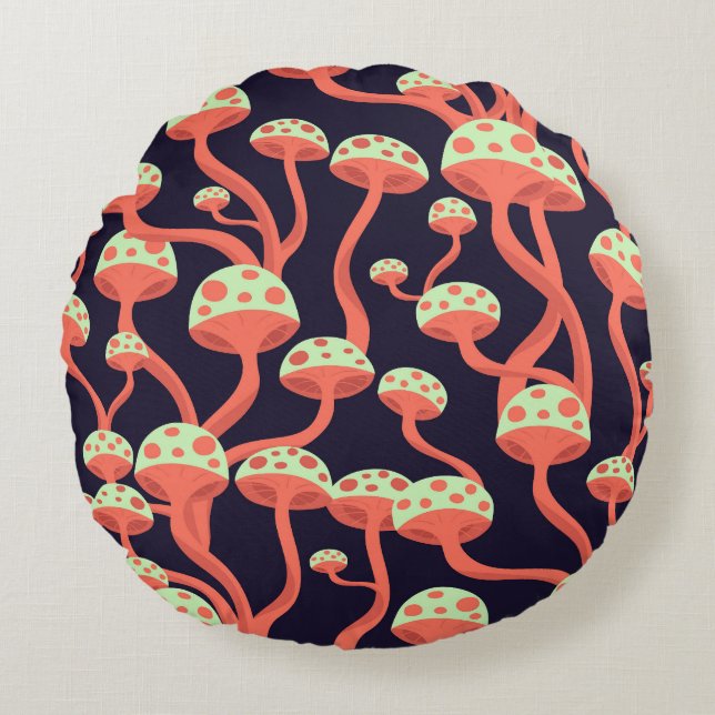 Vintage Grafik Svampar Sömlösa Mönster Rund Kudde (Framsidan)