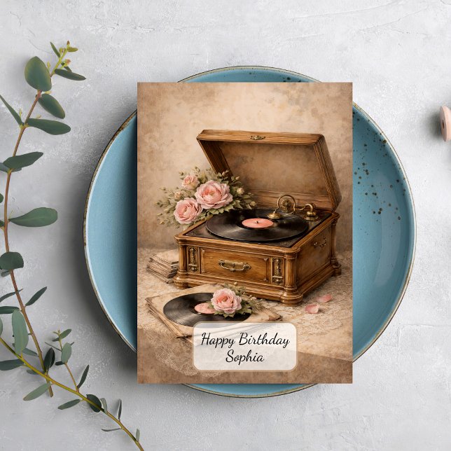Vintage Gramophone with Roses Kort (Skapare uppladdad)