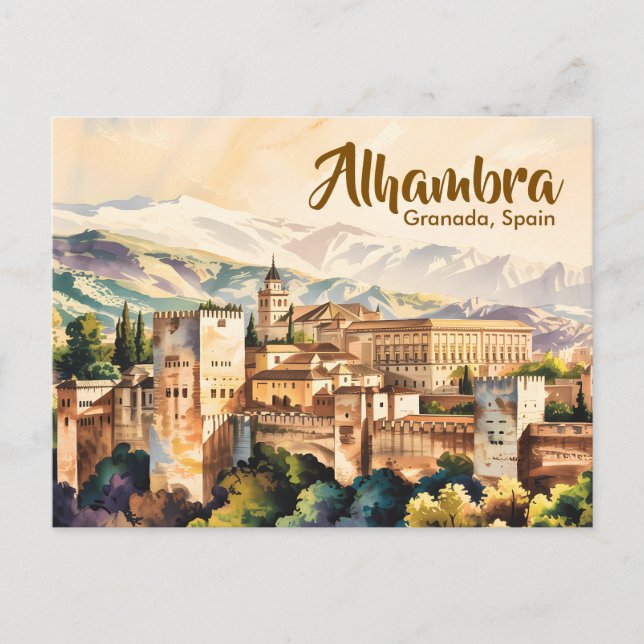 Vintage Granada Spanien Alhambra Akvarell Resa Vykort (Framsida)