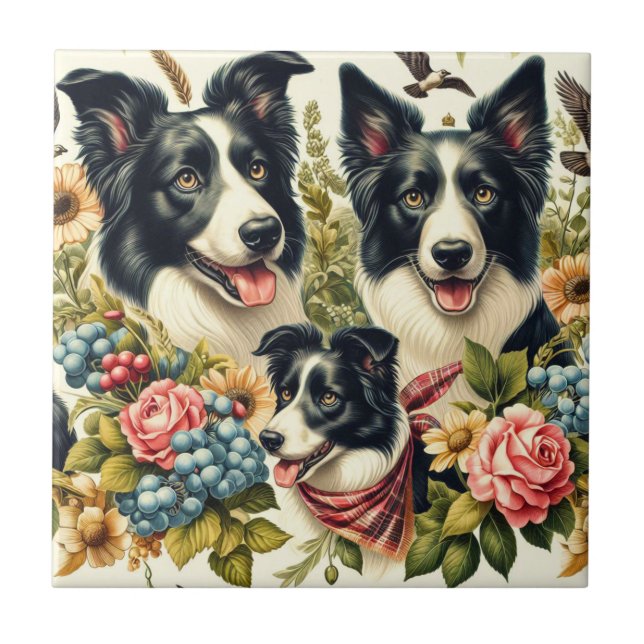 Vintage Gräns Collie Illustration Kakelplatta (Framsidan)