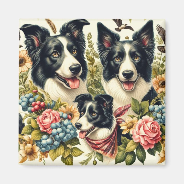 Vintage Gräns Collie Illustration Magnet (Framsidan)