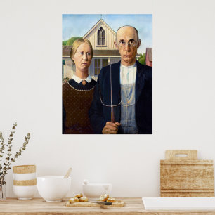 Vintage Grant Wood American Gothic Farmer Konstver Poster
