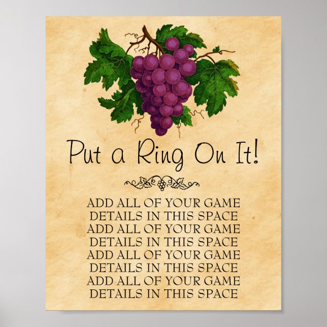 Vintage Grapes Bröllop Möhippa Games Anpassningsba Poster (Framsidan)