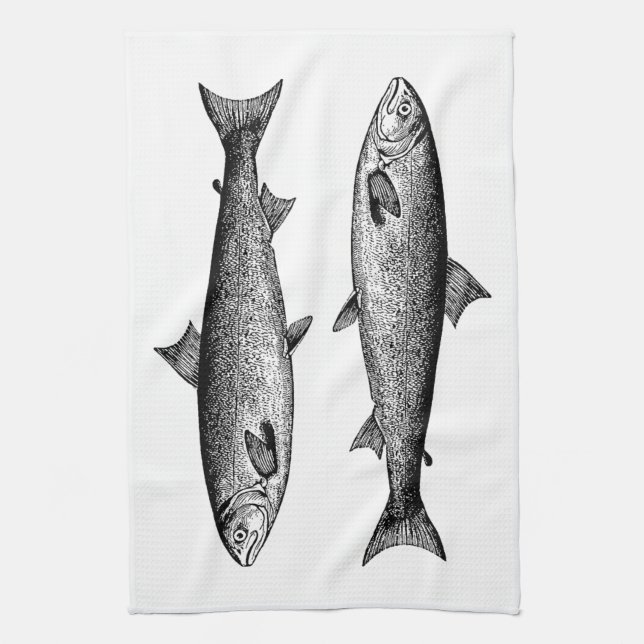 Vintage Graphic Fish Salmon Kökshandduk (Vertikal)