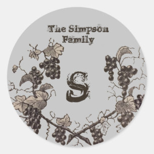 Vintage Grapine Vines Sketch Botanical Monogram Runt Klistermärke