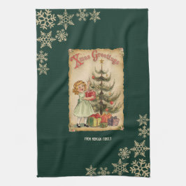 Vintage Gräs Träd Little Girls Presenter Snöflingo Kökshandduk