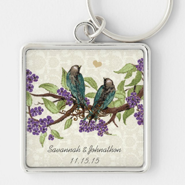 Vintage Grått Birds Gult Flower Bröllop Nyckelring (Framsidan)