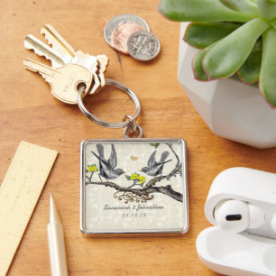 Vintage Grått Birds Plum Flowers Bröllop Nyckelrin Fyrkantig Silverfärgad Nyckelring