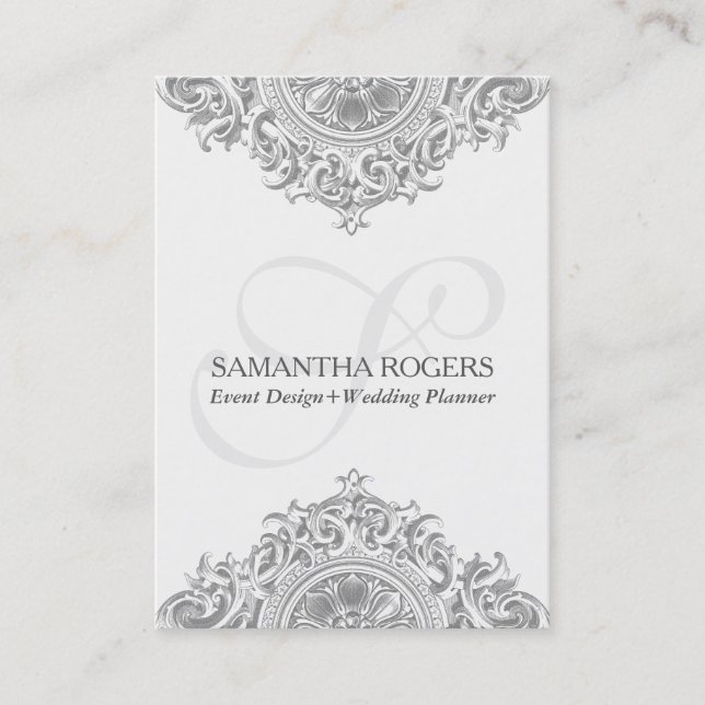 Vintage grått blommigt, ornament visitkort (Framsida)