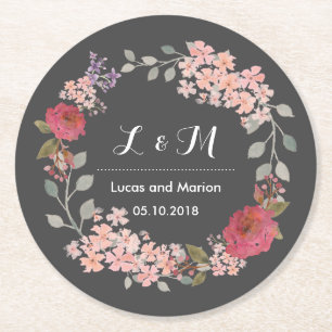 Vintage Grått Blommigt Utandning Monogram Bröllops Underlägg Papper Rund