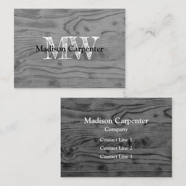 Vintage grått, bränt trä Carpenter Monogram Visitkort (Fram/baksida)