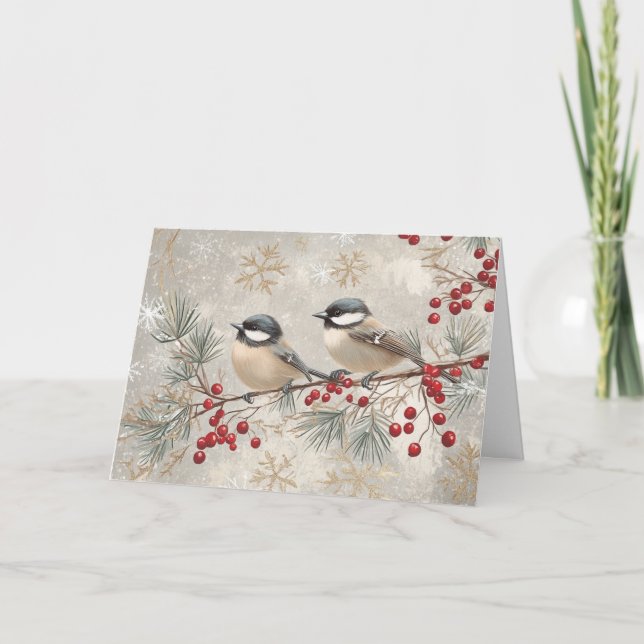 Vintage Grått Chickadees med Red Berries Kort (Framsida)