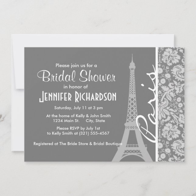 Vintage Grått Damask Paris Inbjudningar (Framsida)