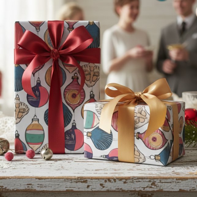 Vintage Grått Julafton Ornaments Svällning Papper Presentpapper (Chic Holiday Retro Wrapping Paper for Christmas. Stylish Elegant Vintage Xmas Ornaments Pattern )