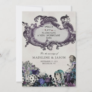 Vintage Grått Mörk Alice i Wonderland Bröllop Spara Datumet