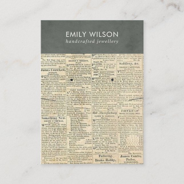 VINTAGE GRÅTT NEWSPAPER NECKLACE EARRING VISNING VISITKORT (Framsida)