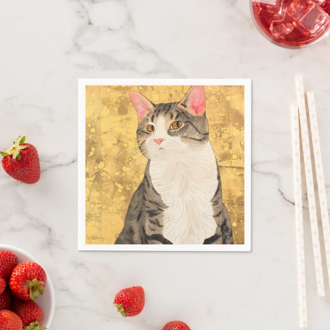 Vintage Grått White Cat Porträtt Pappersservett (Insitu)