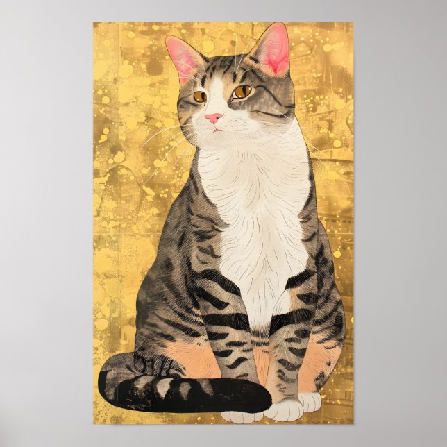 Vintage Grått White Cat Porträtt Poster (Framsidan)