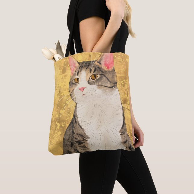 Vintage Grått White Cat Porträtt Tygkasse (Närbild)