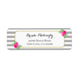 Vintage Grått White Rand Rosa Watercolor Blommigt Returadress Etikett