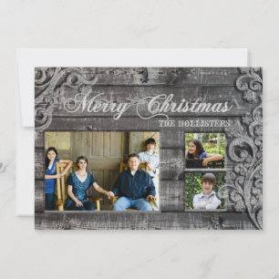 Vintage Grått Wood Three Photo Helgdag Card Julkort