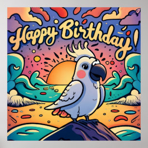Vintage Grattis på födelsedagen Colorful Parrot Bi Poster