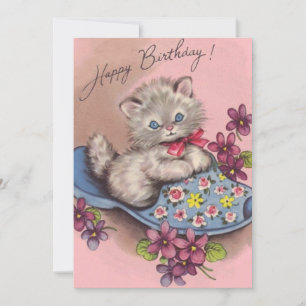 Vintage Grattis på födelsedagen Kattunge i en bild Julkort