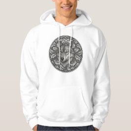 Vintage graverad design med varghuvud och blommor hoodie