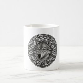 Vintage graverad design med varghuvud och blommor kaffemugg