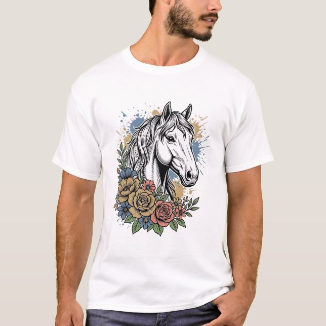 Vintage Graverad Häst Blommig Vektor Tröja Design_ (Framsida)