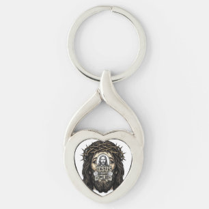 Vintage Graverad Krönt Heligt Ansikte Vektordesign Twisted Heart Silverfärgad Nyckelring