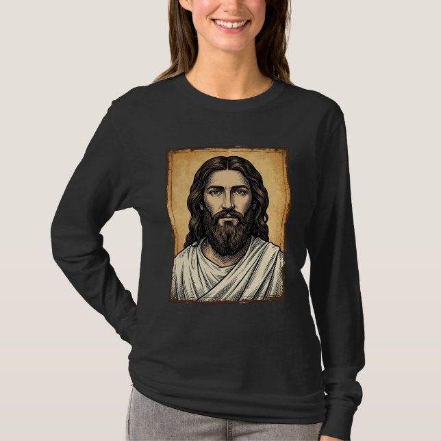Vintage Graverad Religiös Porträtt T-Shirt Design_ (Framsida)