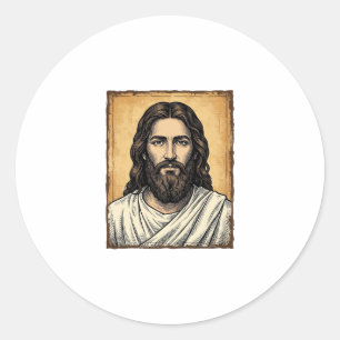 Vintage Graverad Religiös Porträtt T-Shirt Design_ Runt Klistermärke