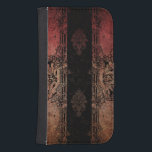 Vintage graverad skada galaxy s4 plånboksfodral<br><div class="desc">Lagrar av grungsdamm i rött,  guld och svart med ornat graverat gräns och förskönande bakgrund.</div>